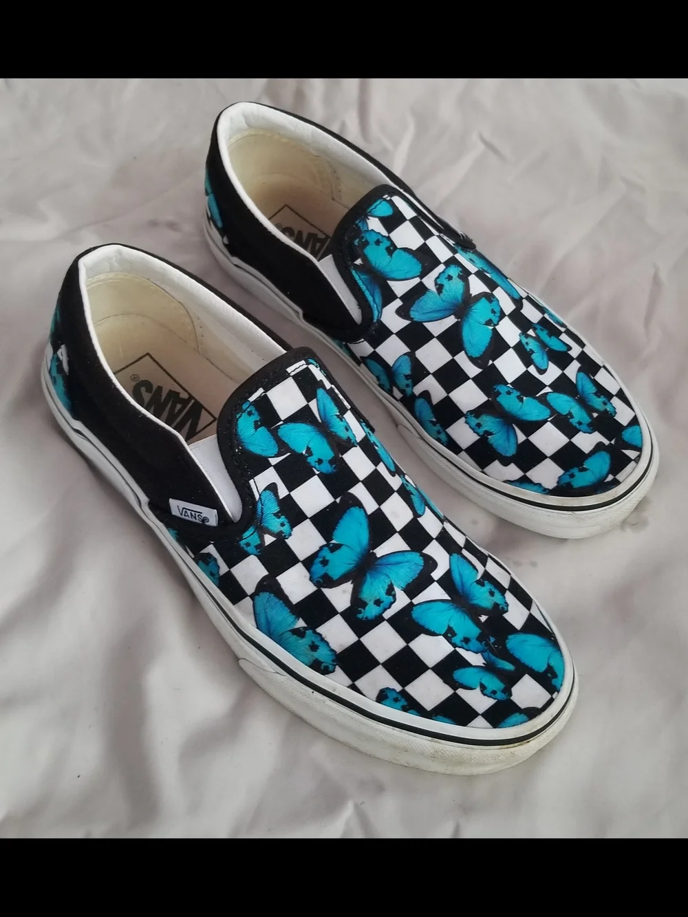 Vans Women's 9 Black & White Checkerboard Slip-Ons with Blue Butterfly Print -31